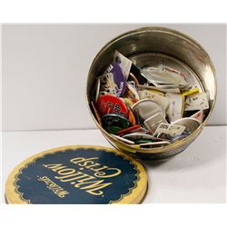 ANTIQUE WILLOW CRISP TIN FULL OF PINBACK BUTTONS