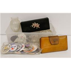 TUB OF ASSORTED BUTTONS, GLASSWARE AND MORE