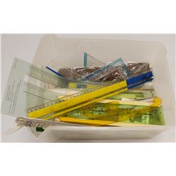 BIN OF ASSORTED RULERS, DRAFTERS AND MORE