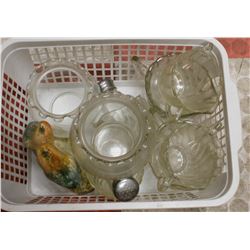 ASSORTED CLEAR CUT GLASS WITH BIRD STATUE