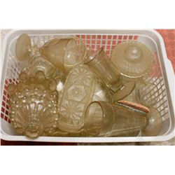 ASSORTED CARVED GLASS DISHES, CANDLE HOLDERS AND