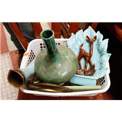 BIN OF ASSORTED DECORATIVE POTTERY & MORE