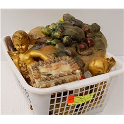 ASSORTED ORNAMENTS CHERUBS, FRUIT PLAQUE AND MORE