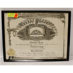 1952 STEFAN RAC TAILORING CERTIFICATE. 17 X 13