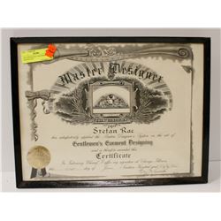 1952 STEFAN RAC TAILORING CERTIFICATE. 17 X 13