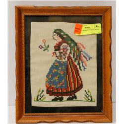 VINTAGE CROSS STITCHED CZECH LADY. 10 X 11