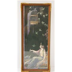 1920S TSANYA MARIGOLD PRINT OF LADY WITH FREE BIRD