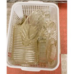 BOX OF ASSORTED CUT GLASS, TRAYS, CANDLE HOLDERS