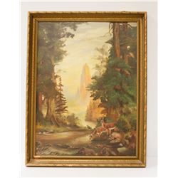 ANTIQUE OIL ON BOARD PAINTING OF DEER BY CREEK