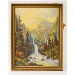 ANTIQUE OUL ON BOARD MOUNTAIN SCENE WITH