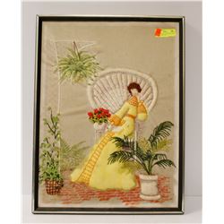VINTAGE HAND STITCHED PICTURE OF RECLINING LADY