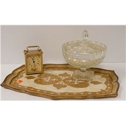 DECORATIVE TRAY WITH VINTAGE MINI MANTLE CLOCK