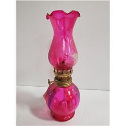 MINIATURE PINK GLASS OIL LAMP. 8" TALL