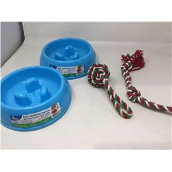Anti Gulping Dog Bowls and Rope Toys (Colour May Vary)