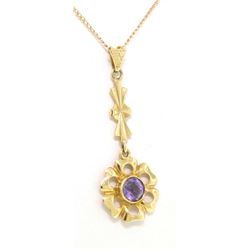 Antique Art Nouveau 14K Gold Old Cut Amethyst Long Dangle Flower Pendant w Chain