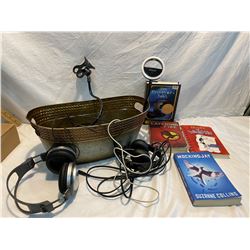 Lot books an d headphones
