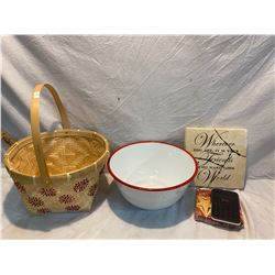 Lot basket, tin enamel  and other