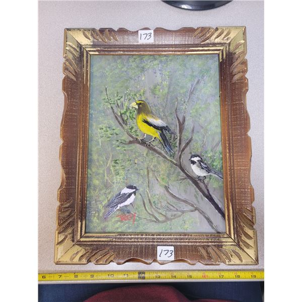 15" X 12" original acrylic wood framed by T. Roy 'Grosbeak & Chickadees'