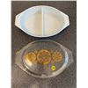 Image 2 : VINTAGE 1.5 QT BLUE DIVIDED PYREX CASSEROLE (GOLD ROSE WINDOW)