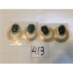 413-FIFTH AVENUE    SET OF 2 EARRINGS   GENUINE MALACHITE CLIP AND GENUINE ONYX PIERCED