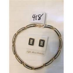 418-FIFTH AVENUE   PRETTY WOMAN BLACK ONYX/RHINESTONE 14K POST WITH MATCHING  NECKLACE