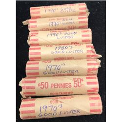 7 Rolls Of Pennies 1970's-1990's Good Luster