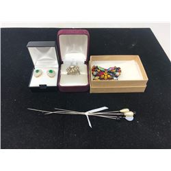 Baggie Of Jewelry + Hat Pins + Rings + Earrings + Brooch