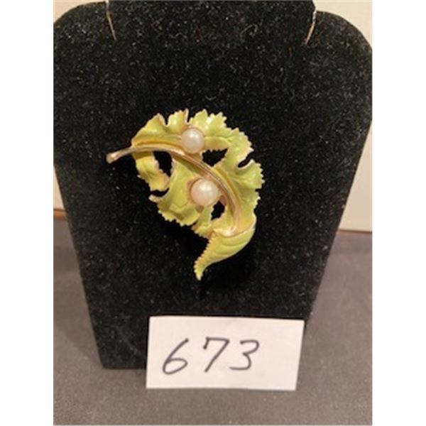 Enameled leaf brooch