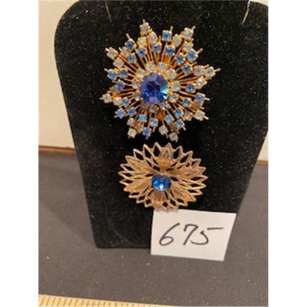 2 blue gem stone brooches