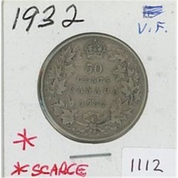 1932 Scarce Canadian Silver Fifty Cent Piece
