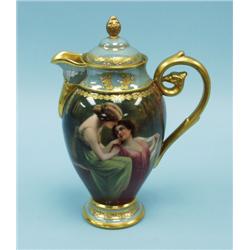 An important antique German porcelain covered ewer with scro