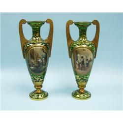 A pair of antique Viennese green glass vases. Each with intr