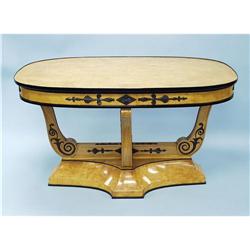 An oval shapened Biedermeier style burled blonde wood salon 