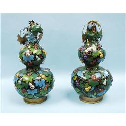 A pair of fine gourd shaped cloisonne covered vases with bri
