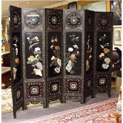 A very good Chinese six panel black lacquer floor screen. Wi