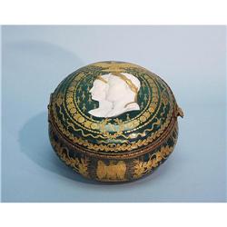 An antique French Sevres porcelain covered box. Green ground