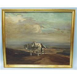 19th century Hungarian school. "Landscape with Plowing Horse