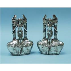 ART NOUVEAU - A pair of silver plated pewter figural vases. 