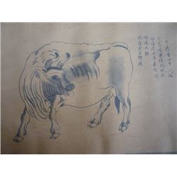 A RARE INK & COLOR BULL PAINTING QING DYNASTY.