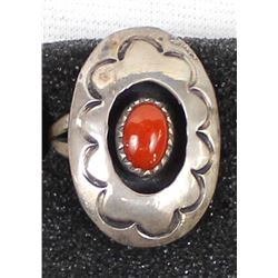 Vintage Navajo Sterling Coral Ring, Size 7.25
