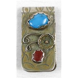 Navajo Sterling Turquoise Coral Money Clip