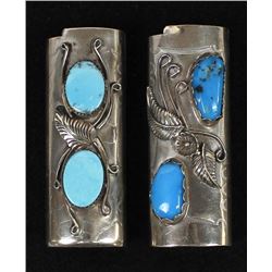 2 Navajo German Silver & Turquoise Lighter Covers