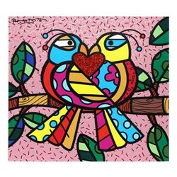 Romero Britto "Love Birds (Pink)" Hand Signed Limited Edition Giclee on Canvas;