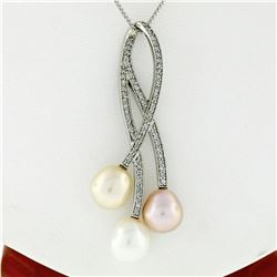 14kt White Gold 0.55 ctw Diamond & Tri-Color Pearl Tulip Flower Pendant Necklace