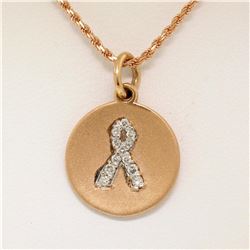 14K Rose Gold 0.10 ctw Diamond Awareness Ribbon Disc Pendant w/ 16" Rope Chain