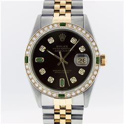 Rolex Mens 2 Tone Brown Diamond & Emerald Oyster Perpetual Datejust Wristwatch