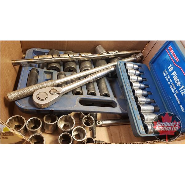 Tray Lot: 1/2" Drive Sockets, Ratchet, Swingarm, Impact Sockets, Hex Bit Sockets, etc