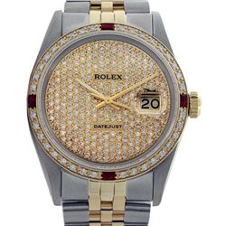 Rolex Ladies Two Tone 14K Gold/SS, Diam Pave Dial & Diam/Ruby Bezel, Sapphire Crystal - REF-497N3A