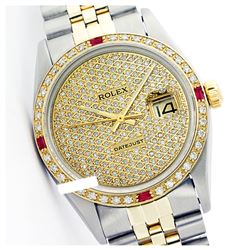 Rolex Ladies Two Tone 14K Gold/SS, Diam Pave Dial & Diam/Ruby Bezel, Sapphire Crystal - REF-497M4F