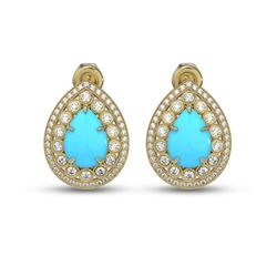 7.54 ctw Turquoise & Diamond Victorian Earrings 14K Yellow Gold - REF-218Y2X